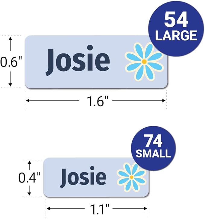 Kids Personalized Name Labels for School, Camp, Daycare (128 Labels) Custom Peel and Stick Waterproof Name Tags Stickers for Water Bottles, Lunch Boxes, Clothing, School Supplies (Flowers)