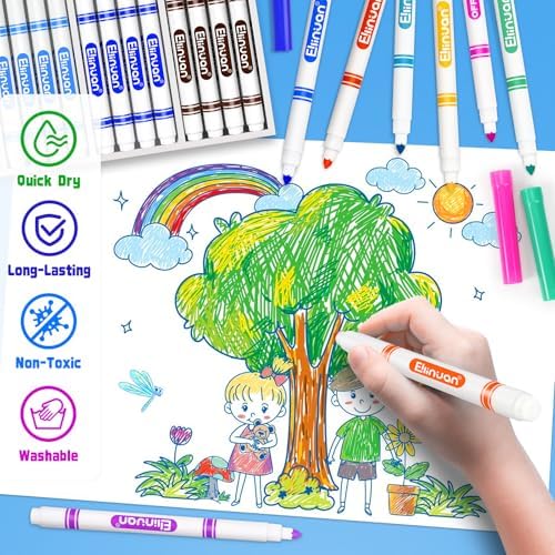 Ellinjan 240 Count Washable Markers Bulk, 12 Assorted Colors, Fine Line Colored Marker with Conical Tip, Washable Markers for Kids, Bulk Marker for Classroom, School Art Supplies for Students Teachers