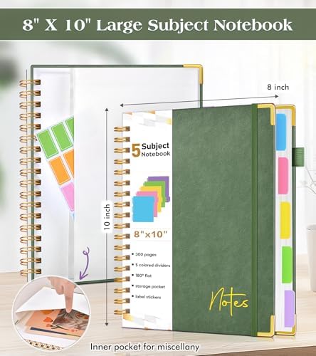 5 Subject Blank Notebook with Removable Dividers Tabs, 300 Pages Hardcover Leather Sketch Book Spiral Journal, 8"x10" B5 Large Sketchbook Notebooks for Women Men Work School Sketching Drawing, Green