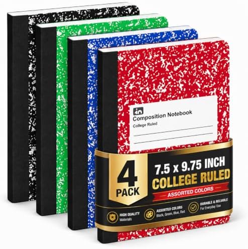 1InTheOffice Composition Notebooks College Ruled, Composition Book, College Ruled Composition Notebook, Assorted Colors 9.75 x 7.5, 4 Pack