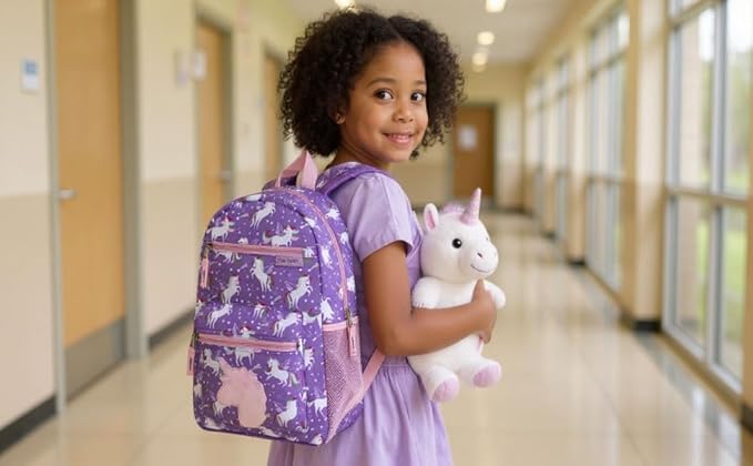 Trail maker 17” Kids Character School Backpacks Plush for Girls with Side Pockets, Padded Straps