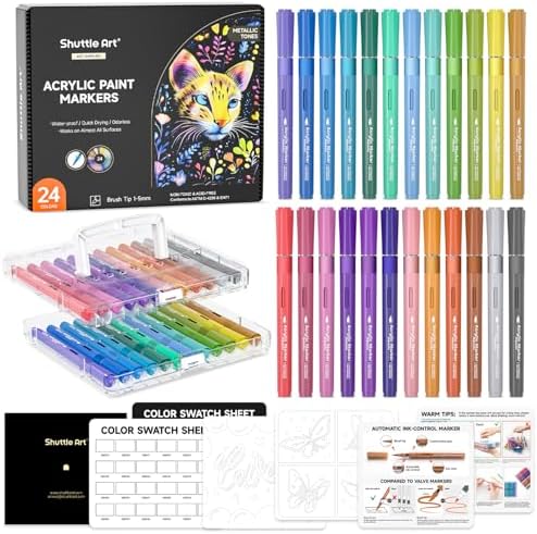 Shuttle Art Automatic Ink Control Acrylic Paint Markers, 24 Metallic Colors Brush Tip Acrylic Paint Pens for Rock Painting, Ceramic, Wood, Canvas, Glass, Stone, Fabric, Card, DIY Football Crafts