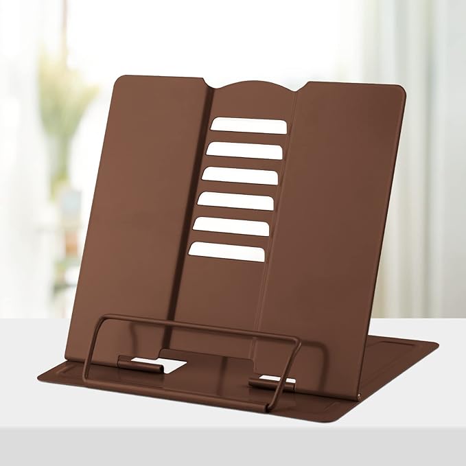 Honagu Book Stand Metal Desk Book Holder, Book Holders for Reading Hands Free, Adjustable Cookbook Documents Holder, Portable Bookstand for Music Books, Textbook, Recipe, Tablet, Ipad (Brown)