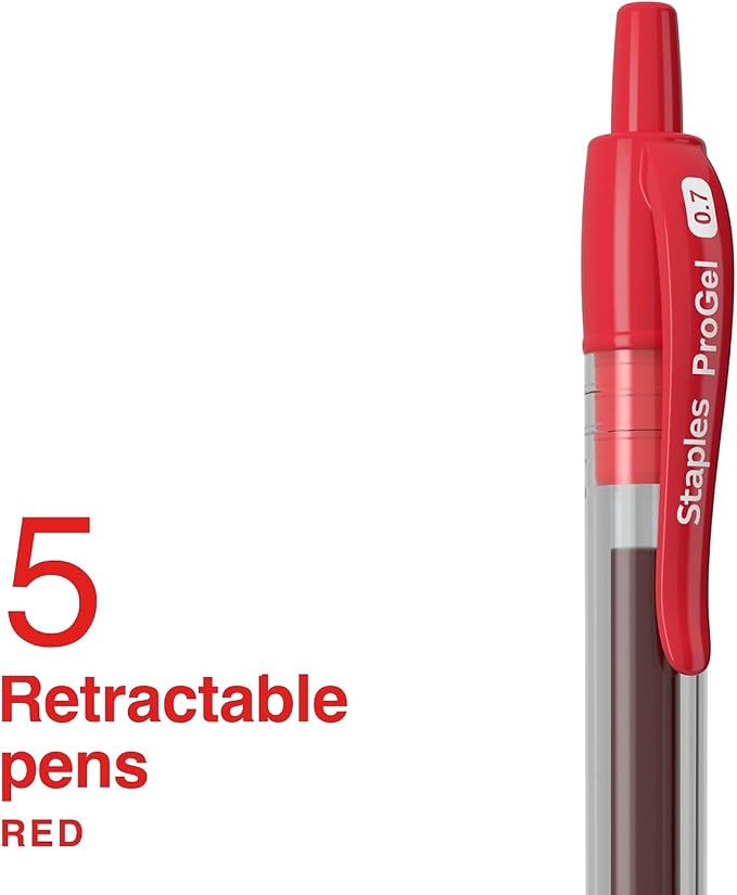 Staples ProGel Retractable Gel Pen, Fine Point 0.7mm, Red Ink, 5-Pk | Smooth-flow ink for editing, mark-up, and everyday office writing.