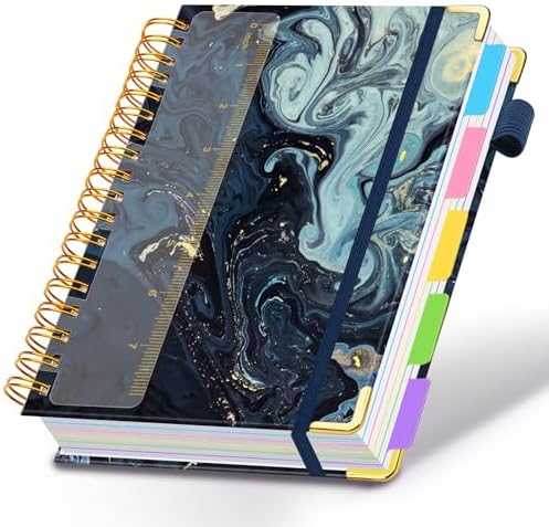 Spiral Journal Notebooks for Work, 300 Pages 5 Subject Notebook College Ruled with Dividers & Tabs, A5 Notebook Journal for Women Students Note-Taking and Organizer (Navy Marble)
