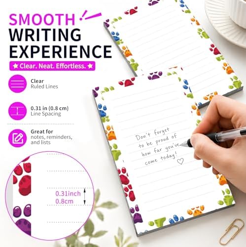 Lined Sticky Notes 4x6 in, 2 Pack Large Cute Notepads with Lines Self-Stick Note Pad, Funny Memo Pads Strong Adhesive for Office, Home Colorful Cute Dog Paws