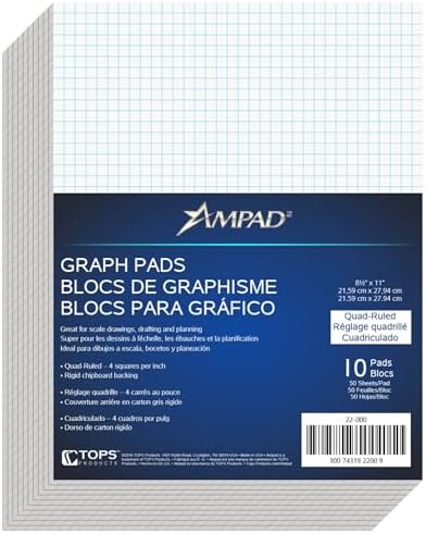 Ampad Quadrille Graph Paper Pad, 4x4 Quad Ruled, 8.5 x 11, 10 Pads