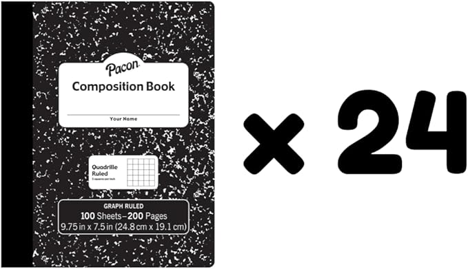 Pacon Quadrille Ruled Black Marble Composition Notebook, 1.5" Grid Ruled on Both Sides, 7.5" x 9.75", 100 Sheets (200 Pages)/Book, Class Pack of 24 Composition Books