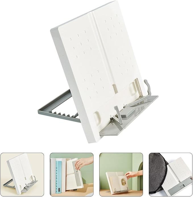 Artibetter Adjustable Household Reading Stand and Book Holder with Multi-Angle Settings, Portable White Student Bookstand for Textbooks, Cookbooks, Music Sheets, and Laptop Use