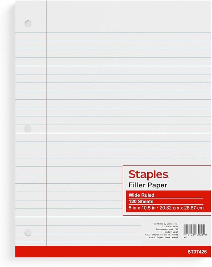 STAPLES Wide Ruled Filler Paper, 8” x 10.5”, 120 Sheets/Pack, 36‑Pack