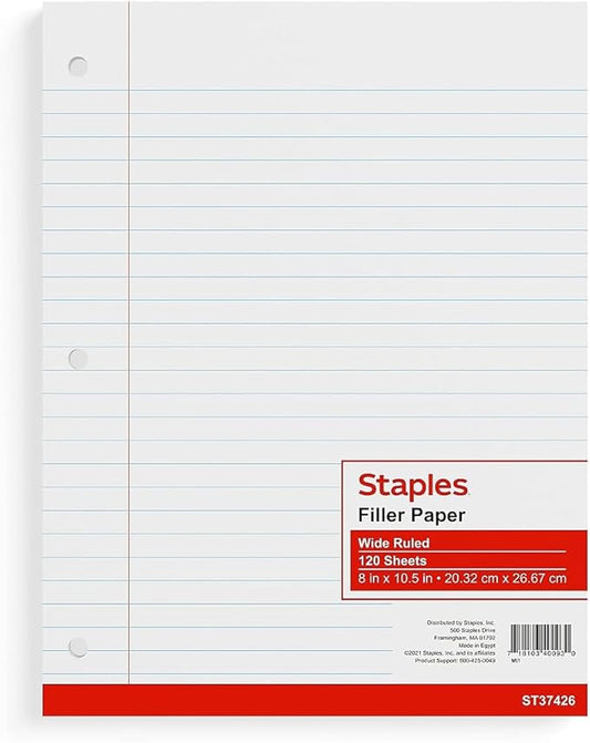 STAPLES Wide Ruled Filler Paper, 8” x 10.5”, 120 Sheets/Pack, 36‑Pack
