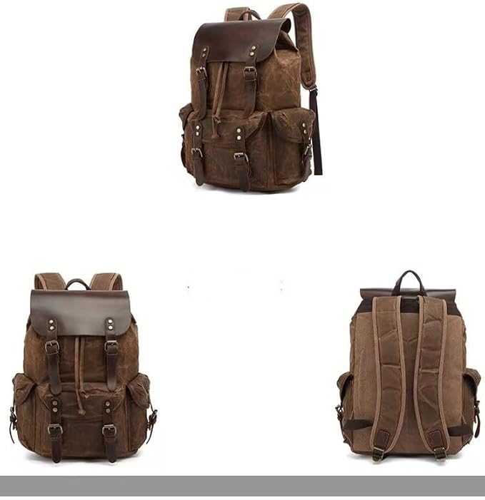 Genuine Leather Canvas waxed Backpack Travel Rucksack Laptop Bag