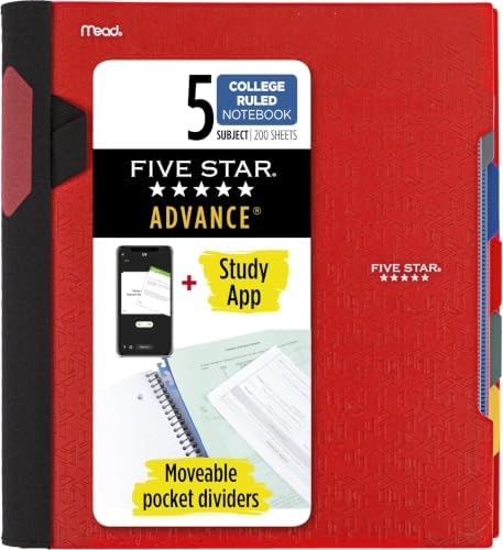 Five Star Advance Spiral Notebook + Study App, 5 Subject, College Ruled Paper, 8-1/2" x 11", 200 Sheets, Spiral Guard, Movable Tabbed Dividers, Fire Red (73146) (Pack of 6)