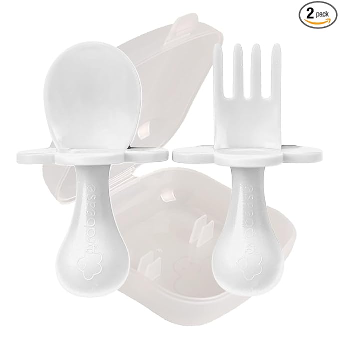 Grabease Baby Feeding Utensils Set - Infant and Baby Fork and Spoon for Ages 1-11 Months, BPAs and Phthalate-Free Cutlery, Plastic, 1 Set, White