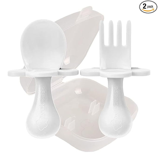 Grabease Baby Feeding Utensils Set - Infant and Baby Fork and Spoon for Ages 1-11 Months, BPAs and Phthalate-Free Cutlery, Plastic, 1 Set, White