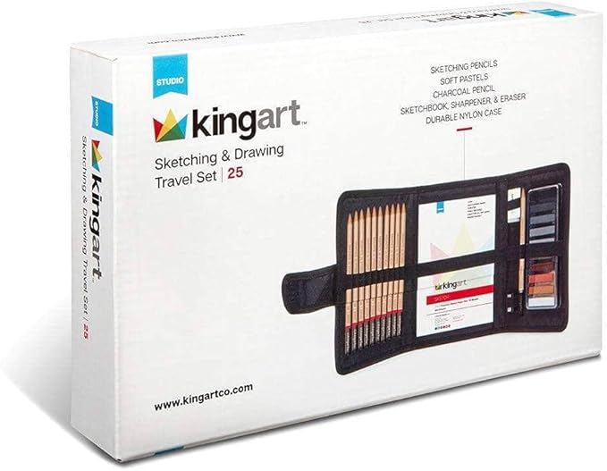 KINGART DRAWING & SKETCHING 25 pc. TRAVEL SET, Graphite, and Charcoal Pencils & Pastels plus Supplies, Art Drawing Kit for Adults, Teens, Beginner to Pro, Ideal for Shading, Blending, 25 pc.