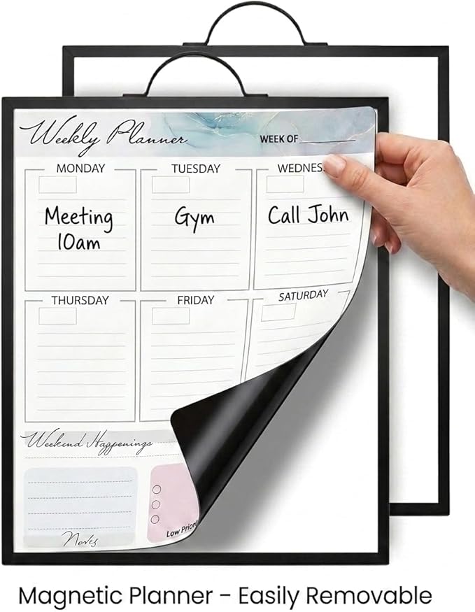 Magnetic Dry Erase Board 12x16 with Handle, Double Sided Portable Black Whiteboard for Home, Office, School & Kitchen, Includes Weekly & Monthly Magnetic Planner Sheets