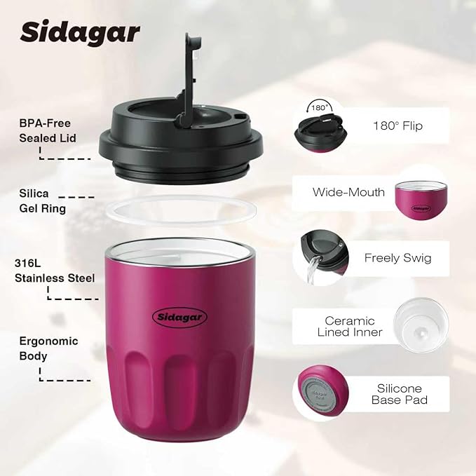 Travel Coffee Mug 10 oz Ceramic Lined Tumbler, Double Wall Stainless Steel Coffee Cup with Lid, Vacuum Spill Proof Mini Water Bottle, Insulated Thermal Mug for Home Office, Purple