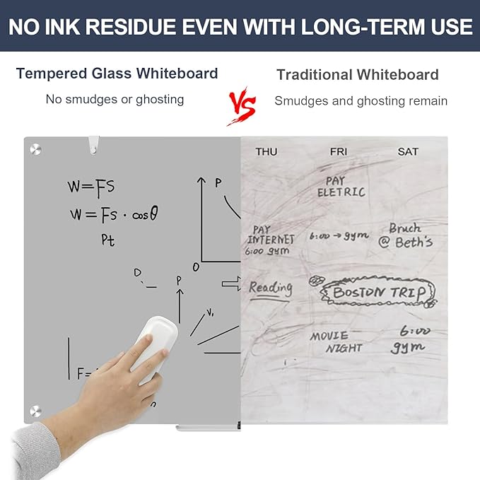 Glass Whiteboard for Wall, TANKEE 36 x 24 Inches Magnetic Glass Dry Erase Board, Frameless Large White Board for Office School Home Classroom, 3x2 Feet