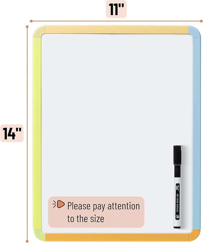 Mr. Pen- Dry Erase Board, 14” x 11” with a Black Dry Erase Marker, Citrus Frame, Small Mini White Board for Students, Fridge, Wall, Locker, Includes Double Sided Tapes