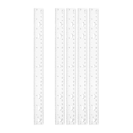 HARFINGTON 5pcs Plastic Rulers 12" (30cm) Clear Straight Ruler Measuring Tool Inches and Centimeters with Hole for Home Office Classrooms Drafting, Clear White