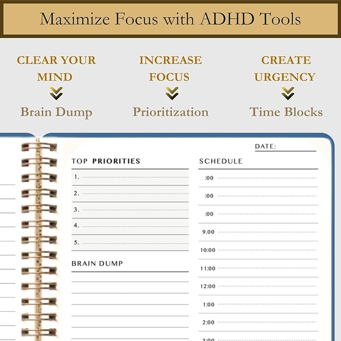 Undated Daily Planner - Time Blocking Planner & ADHD Planner. To Do List, Hourly Schedule, Daily and Monthly Agenda. Time Management & Productivity Planner. Spiral Hardcover Notebook. A4.