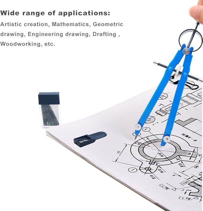 Lockable All Metal Bow Compass with Pencil Sharpener & 15 Lead Refills, Anti-Rust Geometry Compass for Drafting, School, Woodworking
