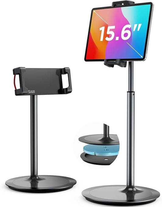 SAIJI iPad Stand for Desk - Tablet Holder Extra-Height 360° Rotating Adjustable Aluminum Alloy Cradle for 4.7"-15.6" iPhone Samsung Kindle Portable Monitor (Black)