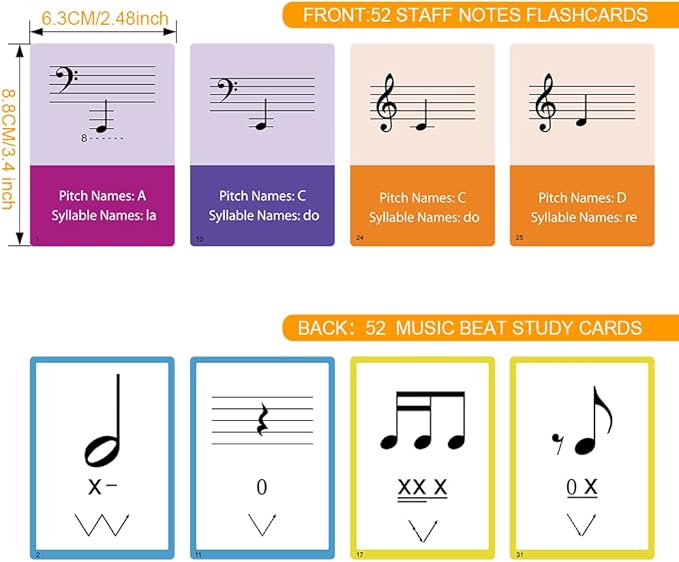 52-Piece Multi-Functional Double-Sided Music Learning Flash Cards Set, 52 Sheets of Staff Musical Note and Music Rhythm Cards, Suitable for All Musical Instruments.