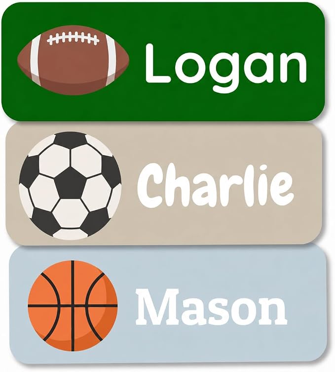 Bunny Badges Personalized Name Labels for Kids (60, 120, or 240 Count) Custom Daycare Labels & Name Stickers for Clothing Tags, Water Bottles, Lunch Boxes and School Supplies (Sports)