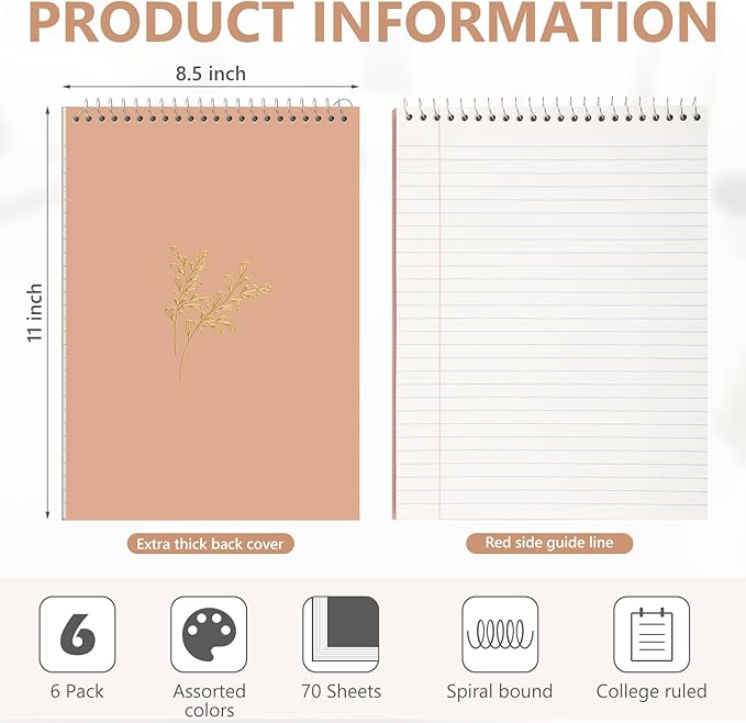 Resurhang 6 Pack 8.5 x 11'' Top Bound Office Steno Book Wide Ruled Double Sided Spiral Notebooks Reliable White Paper 70 Sheets/Pad Pastel Colors Covers for Writing School Notes(Hot Stamping)