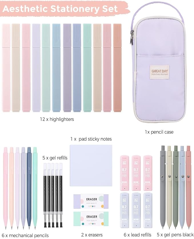 SKYDUE Cute School Supplies Kit, 38 PCS Aesthetic Stationery Set with Large Pencil Case, Pens, Mechanical Pencils, Highlighters & Sticky Notes for School, College Purple