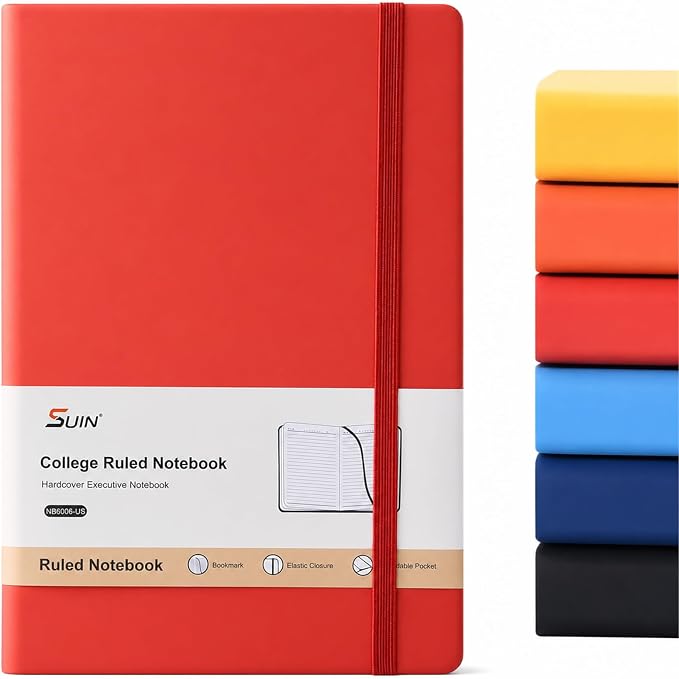 SUIN A5 Hardcover Lined Journal Notebook, 200 Pages, Red, 1 Pack