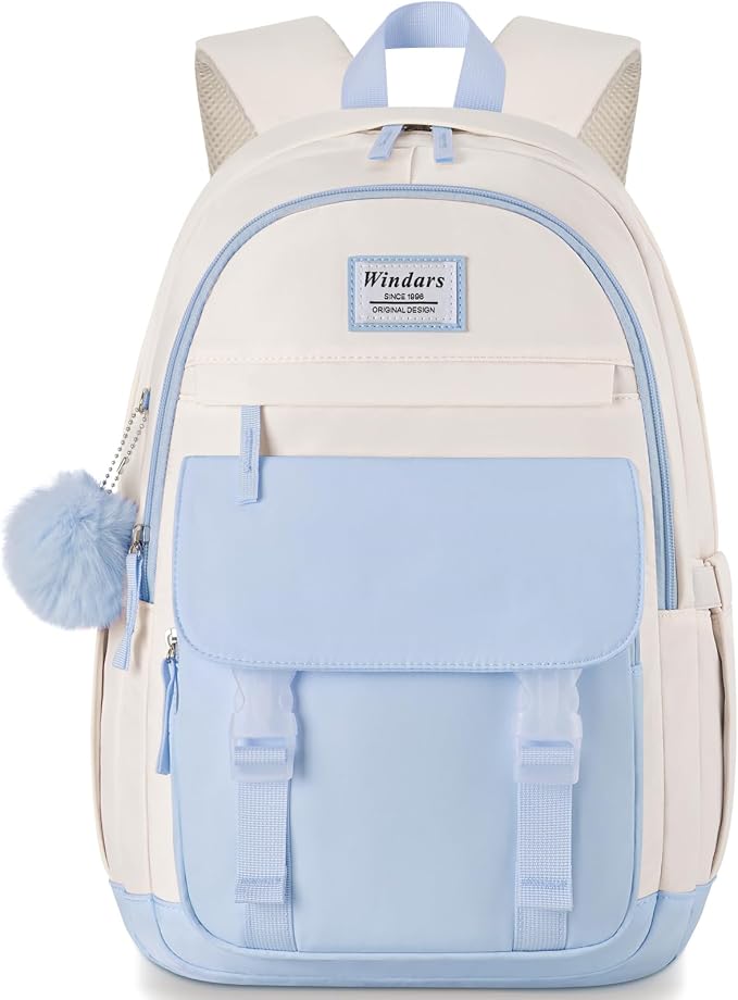 WINDARS School Backpack for Teen Girls, Cute College Backpacks for Women Students Aesthetic Bookbag Large 15.6 Inch Laptop Bag Middle School Travel Back Pack (Blue Beige)