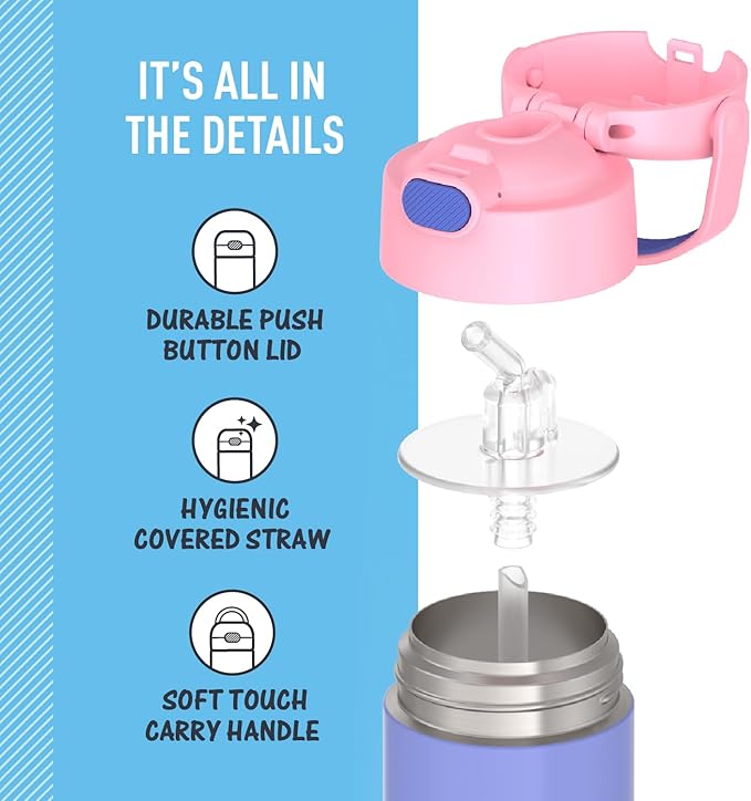 THERMOS FUNTAINER Water Bottle with Straw - 12 Ounce - Kids Stainless Steel Vacuum Insulated Water Bottle with Lid, Purple/Pink