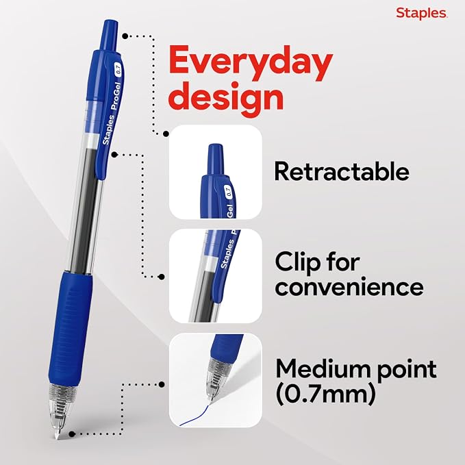 STAPLES Retractable Gel Pens, Fine Point 0.7mm, Blue Ink, 36 Pack – ProGel Smooth‑Writing, Quick‑Dry Pens for Office & School | Smooth-writing, quick-dry ink for everyday office and school stocking.