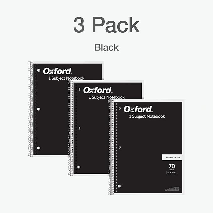 Oxford Primary Ruled Spiral Notebooks, Writing/Drawing Practice for Kids, Grades Pre-K, K-2, 70 Sheets, 8 x 10.5 Inches, Black, (1002542),(Pack of 24)