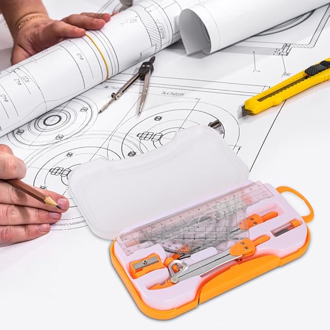 Uonlytech 1sets Student Geometry Math Set Metal Compass and Ruler Kit Eraser Sharpener and Storage Case for Drafting and Drawing for School and Office Use Random Color