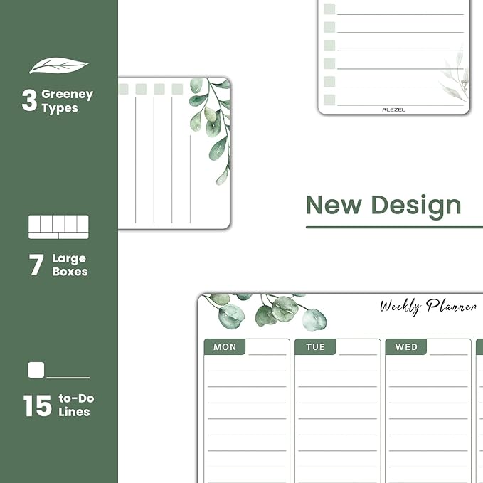 ALEZEL Magnetic Weekly Dry Erase Board for Fridge, Greenery Weekly Calendar Whiteboard Set for Refrigerator - Magnetic Weekly Calendar Planner with 2 List Boards, 4 Markers + Eraser