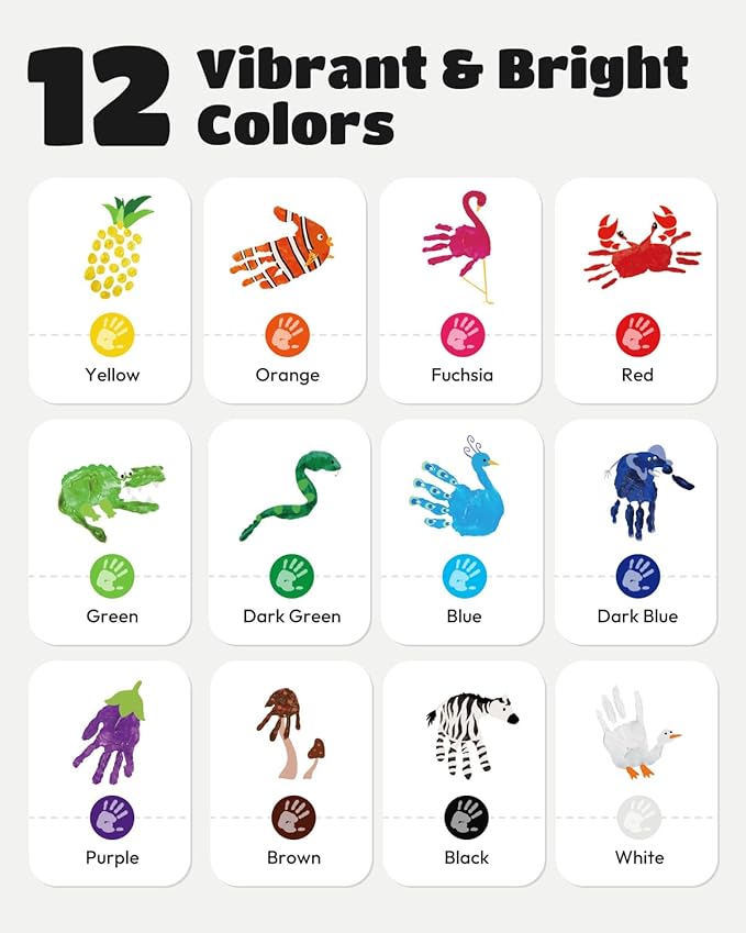 JUPITEARTH 28 PCS Finger Paint, Washable Paint for Todllers 1-3, Non-Toxic 12 Vibrant Colors (2.1fl oz/60ml ) , Palette, Apron, Brush, Eye Stickers, Baby Safe Paints for Hand and Feet, Safe Preschool Art Supplies for Kids