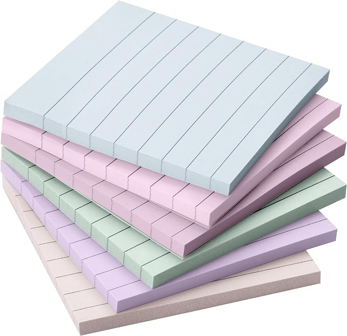Mr. Pen- Lined Sticky Notes, 3" x 3", 6 Pads, 45 Sheets/Pad, Pastel Color, Sticky Notes with Lines, Ruled Post Stickies, Memo Pads, Self-Stick Note Pad for Office, School, Home, Study