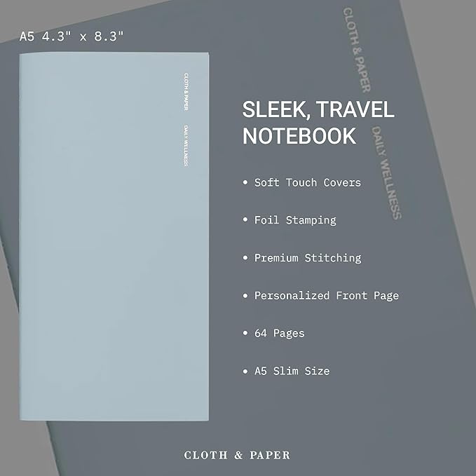 Cloth & Paper Travel Notebook | Daily Wellness Planner – Smoked Salt | A5 Slim Wellness Planner 4.3" x 8.3" | Habit Tracker & Self Care Journal for Goals, Gratitude & Reflection – Soft Touch Cover