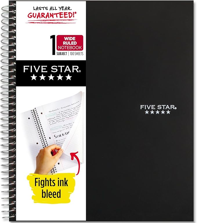 Five Star Spiral Notebook + Study App, 1 Subject, Wide Ruled Paper, 8" x 10-1/2", 100 Sheets, Fights Ink Bleed, Water Resistant Cover, Black (72021)