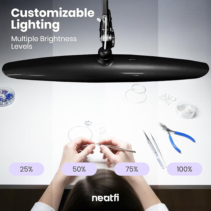 Neatfi XL 2200 Lumens 24W LED Desk Lamp – Shadow-Free Task Lighting | 4-Level Dimming | Home Office & Crafts Use | 20-Inch Wide Head (Black, Non-CCT with Clamp)