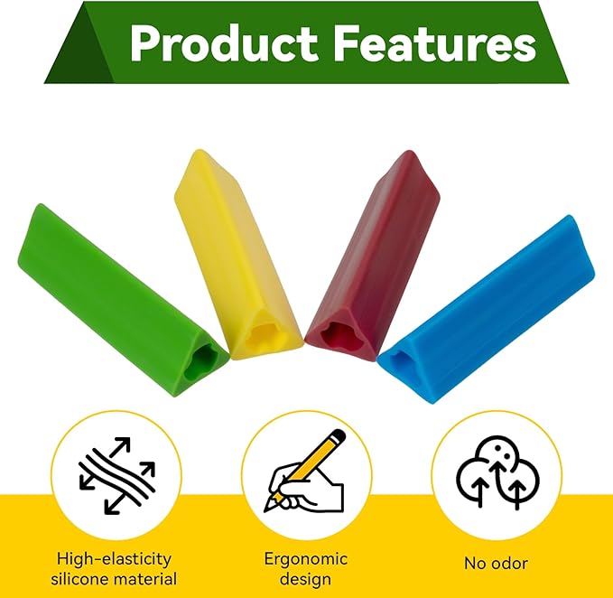 24 Pack Triangle Pencil Grips, Soft Silicone Ergonomic Writing Aid, 4 Colors (Blue/Red/Green/Yellow), 1.77 Inch Pencil Holder for Handwriting, Fits Most Pencils Pens, Left or Right Hand
