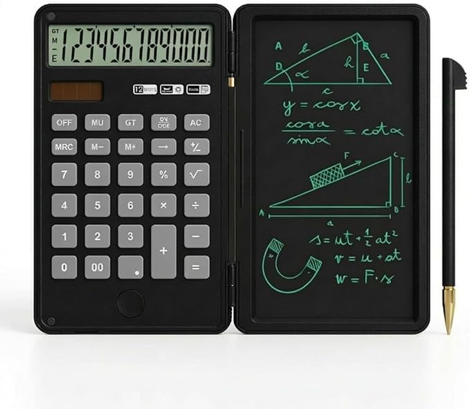Calculator with Writing Pad,12-Digit LCD Display, Dual Power Solar + Coin Cell,1-Yr Battery Life Silicone Keys for Comfort Lightweight Portable for Students/Engineers/Professionals (Black)