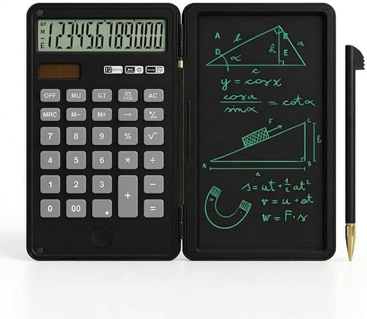 Calculator with Writing Pad,12-Digit LCD Display, Dual Power Solar + Coin Cell,1-Yr Battery Life Silicone Keys for Comfort Lightweight Portable for Students/Engineers/Professionals (Black)