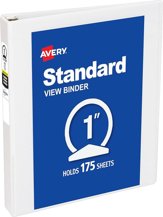 Avery Standard View 3 Ring Binder, 1" Round Rings, 175-Sheet Capacity, 1.4 Inch Wide Spine, 1 White Binder, Ideal for Lightweight Organization and Occasional Referencing (05711)