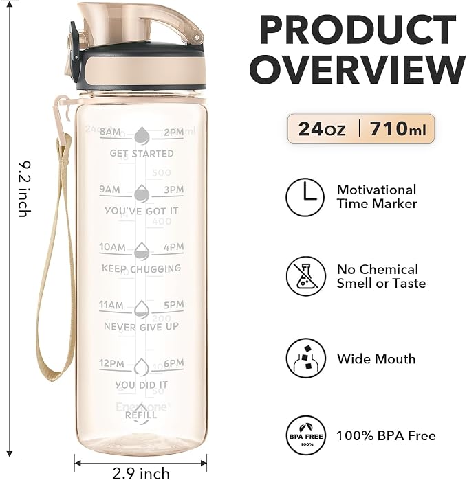 Enerbone Water Bottle, Leakproof BPA & Toxic Free, Motivational Water Bottle with Times to Drink and Straw, Fitness Sports Water Bottle with Strap for Office, Gym, Outdoor Sports