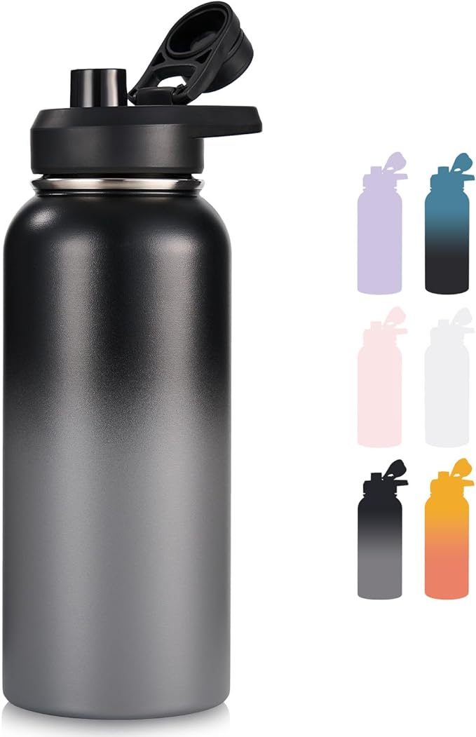 Fijinhom 32 oz Insulated Water Bottle with Handle, 304 Stainless Steel Water Bottles with Wide Mouth, Double Wall Vacuum Sports Water Bottle, BPA Free, Keep Cold and Hot, Black/Gray